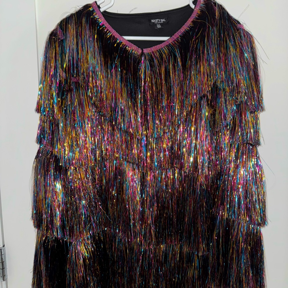 Nasty Gal Metallic Tiered Tinsel Fringe Rainbow Jacket